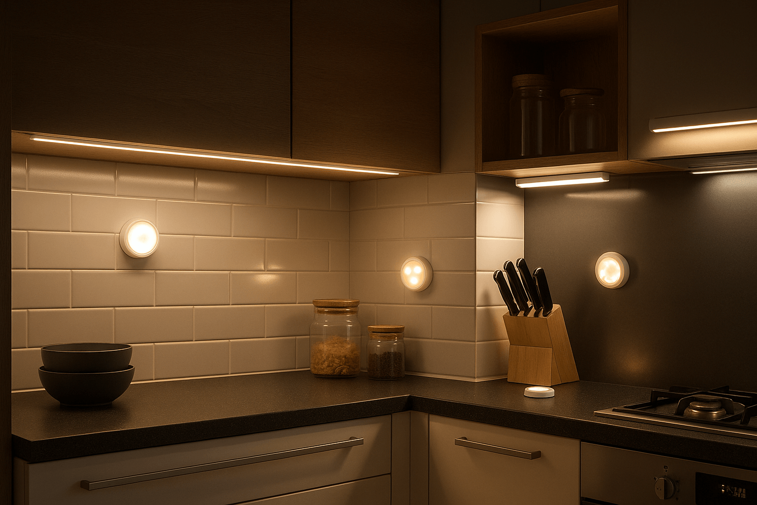 Luces LED a pilas para vitrinas y estanterías (instalación sin taladro)